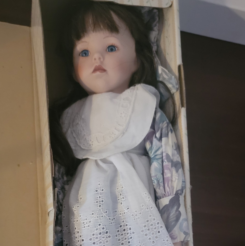 Seymour Mann Limited Edition Elegant Porcelain Doll with White Lace Floral Dress